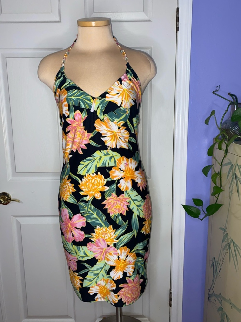 Derek Heart Black Halter Mini Dress with Warm Tropical Blooms, Hot Summer - Picture 2 of 8